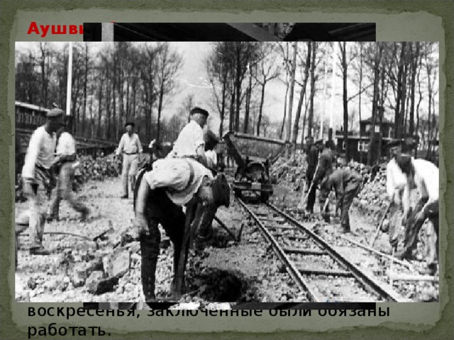 Аушвиц 1 служил административным центром всего комплекса. Он был основан 20 мая 1940 года на основе кирпичных двух- и трёхэтажных строений бывших польских, а ранее австрийских казарм. На протяжении двух лет количество заключенных варьировалось от 13 до 16 тысяч, а к 1942 году достигло 20 000. СС отбирало некоторых заключенных, преимущественно немцев, для слежки за остальными. Заключенные лагеря делились на классы, что было визуально отражено нашивками на одежде. 6 дней в неделю, кроме воскресенья, заключенные были обязаны работать. 