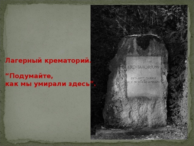 Лагерный крематорий.  “ Подумайте, как мы умирали здесь”. 