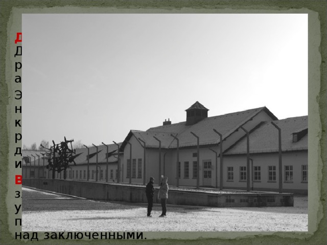 До начала Второй моровой войны  в Дахау содержались люди, считавшиеся по разным причинам «загрязняющими» арийскую расу, согласно расовой теории. Это были политические противники нацистского режима, прежде всего коммунисты, социалисты, оппозиционные режиму священнослужители, а также душевнобольные, проститутки, наркоманы и др. Во время войны Дахау приобрел зловещую известность как один из самых ужасных концлагерей, в которых проводились медицинские эксперименты над заключенными. 