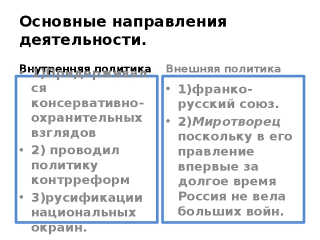 Основные направления деятельности. Внутренняя политика Внешняя политика 1)Придерживался консервативно-охранительных взглядов 2) проводил политику контрреформ 3)русификации национальных окраин. 1)франко-русский союз. 2) Миротворец поскольку в его правление впервые за долгое время Россия не вела больших войн. 