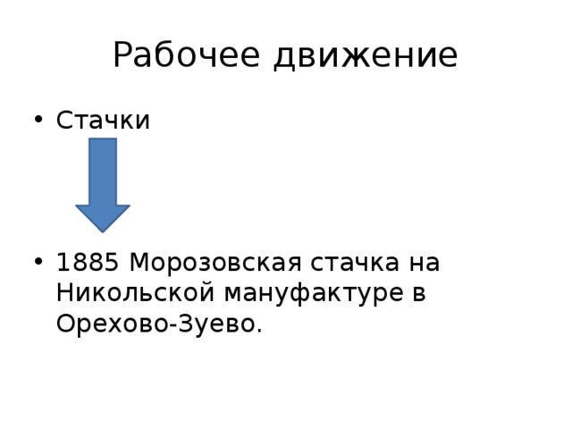 Рабочее движение Стачки 1885 Морозовская стачка на Никольской мануфактуре в Орехово-Зуево. 