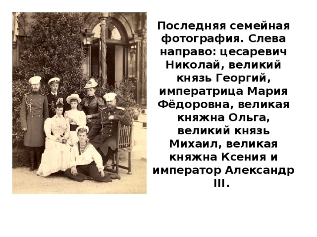 Последняя семейная фотография. Слева направо: цесаревич Николай, великий князь Георгий, императрица Мария Фёдоровна, великая княжна Ольга, великий князь Михаил, великая княжна Ксения и император Александр III. 