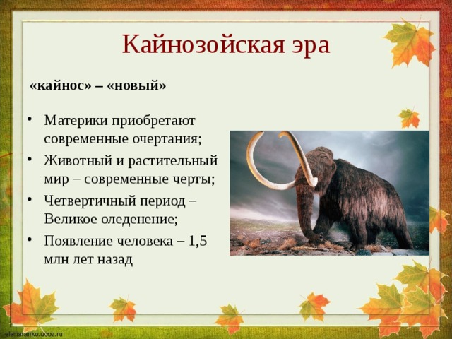 Кайнозойская эра «кайнос» – «новый» Материки приобретают современные очертания; Животный и растительный мир – современные черты; Четвертичный период – Великое оледенение; Появление человека – 1,5 млн лет назад 
