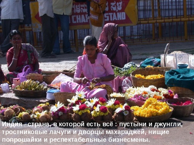 Индия –страна, в которой есть всё : пустыни и джунгли, тростниковые лачуги и дворцы махараджей, нищие попрошайки и респектабельные бизнесмены. 