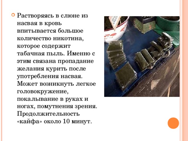 Растворяясь в слюне из насвая в кровь впитывается большое количество никотина, которое содержит табачная пыль. Именно с этим связана пропадание желания курить после употребления насвая. Может возникнуть легкое головокружение, покалывание в руках и ногах, помутнения зрения. Продолжительность «кайфа» около 10 минут. 