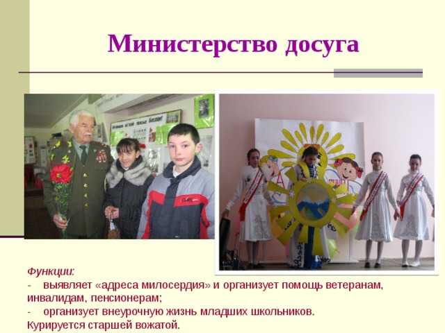 Министерство досуга Функции: - выявляет «адреса милосердия» и организует помощь ветеранам, инвалидам, пенсионерам; - организует внеурочную жизнь младших школьников. Курируется старшей вожатой. 