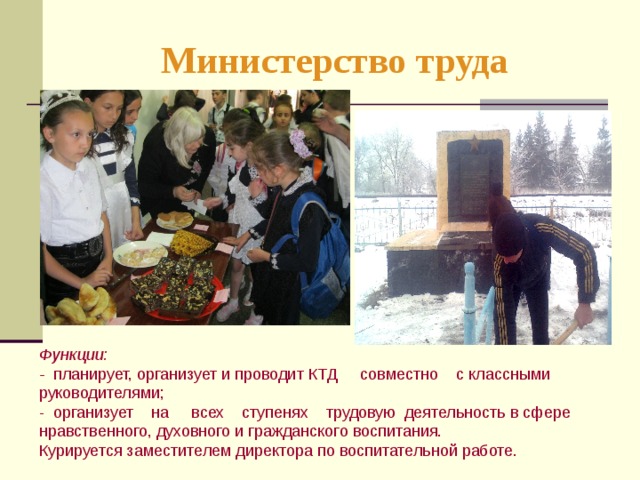 Министерство труда Функции: - планирует, организует и проводит КТД совместно с классными руководителями; - организует на всех ступенях трудовую деятельность в сфере нравственного, духовного и гражданского воспитания. Курируется заместителем директора по воспитательной работе. 