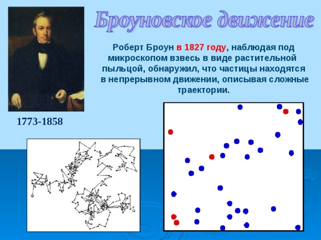  Роберт Броун в 1827 году , наблюдая под микроскопом взвесь в виде растительной пыльцой, обнаружил, что частицы находятся  в непрерывном движении, описывая сложные траектории.   1773-1858  