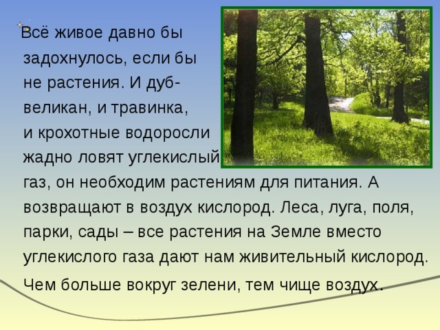  Всё живое давно бы  задохнулось, если бы  не растения. И дуб-  великан, и травинка,  и крохотные водоросли  жадно ловят углекислый  газ, он необходим растениям для питания. А  возвращают в воздух кислород. Леса, луга, поля,  парки, сады – все растения на Земле вместо  углекислого газа дают нам живительный кислород.  Чем больше вокруг зелени, тем чище воздух . 