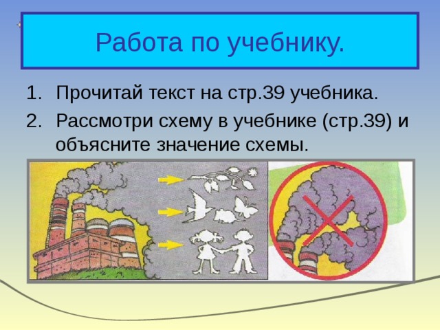 Работа по учебнику. Прочитай текст на стр.39 учебника. Рассмотри схему в учебнике (стр.39) и объясните значение схемы. Что необходимо делать, чтобы защитить воздух от загрязнения? 