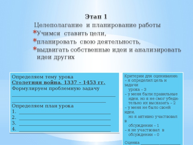 Этап 1  Целеполагание и планирование работы Учимся ставить цели, планировать свою деятельность, выдвигать собственные идеи и анализировать идеи других Критерии для оценивания: Определяем тему урока Столетняя война. 1337 – 1453 гг. – я определил цель и задачи  урока – 3 Формулируем проблемную задачу __________________________________________________________________________________ Определяем план урока – у меня были правильные ______________________________________ ______________________________________ ______________________________________ ______________________________________  идеи, но я не смог убеди-  тельно их высказать – 2 – у меня не было своей идеи,  но я активно участвовал в  обсуждении – 1 – я не участвовал в  обсуждении – 0 Оценка _____________________