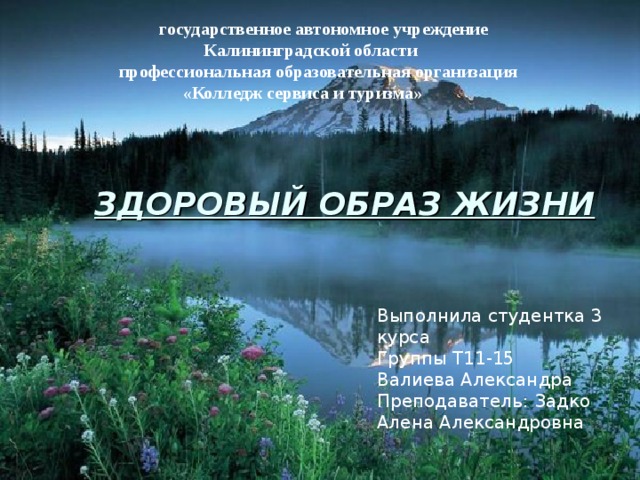  государственное автономное учреждение  Калининградской области  профессиональная образовательная организация  «Колледж сервиса и туризма» ЗДОРОВЫЙ ОБРАЗ ЖИЗНИ Выполнила студентка 3 курса Группы Т11-15 Валиева Александра Преподаватель: Задко Алена Александровна 
