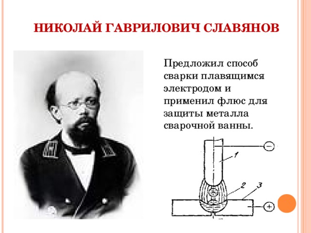  НИКОЛАЙ ГАВРИЛОВИЧ СЛАВЯНОВ Предложил способ сварки плавящимся электродом и применил флюс для защиты металла сварочной ванны. 