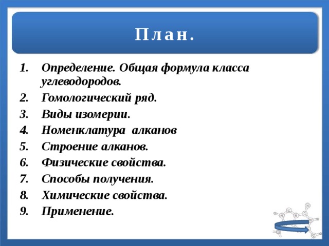 План. Определение. Общая формула класса углеводородов. Гомологический ряд. Виды изомерии. Номенклатура алканов Строение алканов. Физические свойства. Способы получения. Химические свойства. Применение. 
