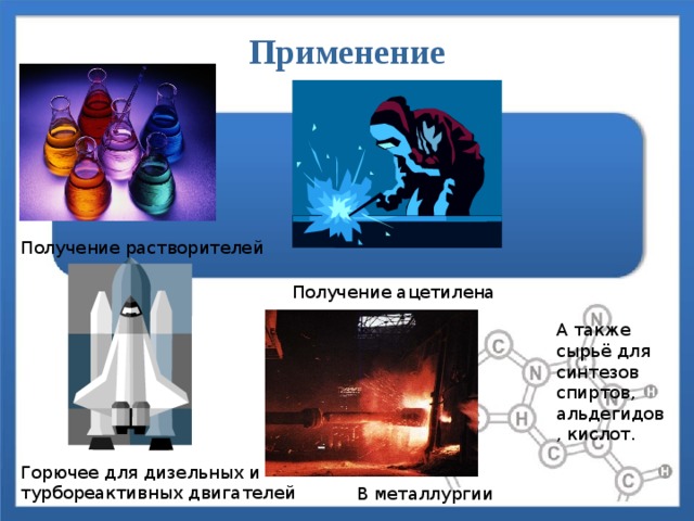 Применение Получение растворителей Получение ацетилена А также сырьё для синтезов спиртов, альдегидов, кислот. Горючее для дизельных и турбореактивных двигателей В металлургии 