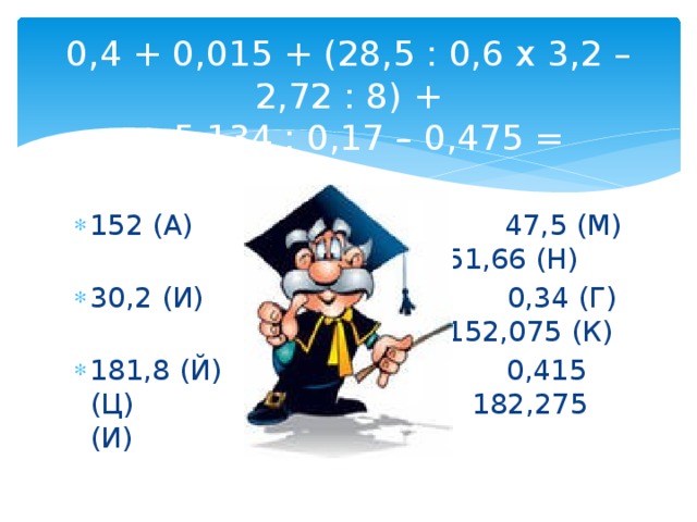 0,4 + 0,015 + (28,5 : 0,6 х 3,2 – 2,72 : 8) +  + 5,134 : 0,17 – 0,475 = 152 (А) 47,5 (М) 151,66 (Н) 30,2 (И) 0,34 (Г) 152,075 (К) 181,8 (Й) 0,415 (Ц) 182,275 (И) 