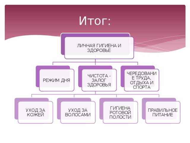 Итог: ЛИЧНАЯ ГИГИЕНА И ЗДОРОВЬЕ РЕЖИМ ДНЯ ЧИСТОТА - ЗАЛОГ ЗДОРОВЬЯ ЧЕРЕДОВАНИЕ ТРУДА, ОТДЫХА И СПОРТА УХОД ЗА КОЖЕЙ УХОД ЗА ВОЛОСАМИ ГИГИЕНА РОТОВОЙ ПОЛОСТИ ПРАВИЛЬНОЕ ПИТАНИЕ 