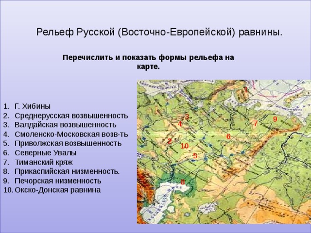 Рельеф Русской (Восточно-Европейской) равнины. Перечислить и показать формы рельефа на карте. 1 Г. Хибины Среднерусская возвышенность Валдайская возвышенность Смоленско-Московская возв-ть Приволжская возвышенность Северные Увалы Тиманский кряж Прикаспийская низменность. Печорская низменность Окско-Донская равнина 3 9 7 4 6 2 10 5 8 