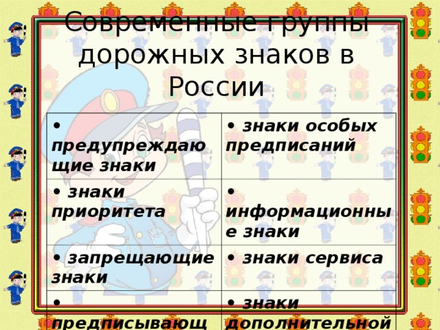 Современные группы дорожных знаков в России • предупреждающие знаки • знаки особых предписаний • знаки приоритета • информационные знаки • запрещающие знаки • знаки сервиса • предписывающие знаки • знаки дополнительной информации 