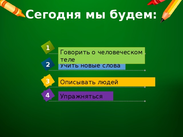 Сегодня мы будем: 1 Говорить о человеческом теле 2 Учить новые слова 3 Описывать людей 4 Упражняться 