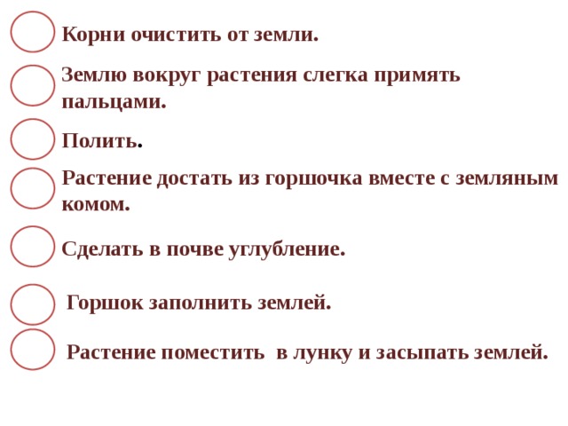 Корни очистить от земли. Землю вокруг растения слегка примять пальцами.  Полить .  Растение  достать из горшочка вместе с земляным комом. Сделать в почве углубление. Горшок заполнить землей. Растение поместить в лунку и засыпать землей. 