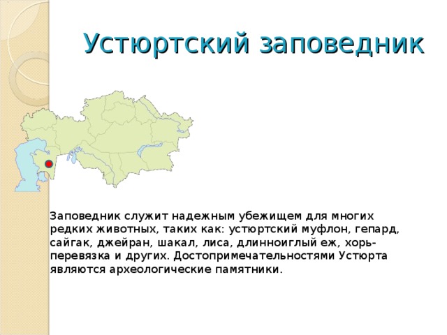 Устюртский заповедник Заповедник служит надежным убежищем для многих редких животных, таких как: устюртский муфлон, гепард, сайгак, джейран, шакал, лиса, длинноиглый еж, хорь-перевязка и других. Достопримечательностями Устюрта являются археологические памятники. 