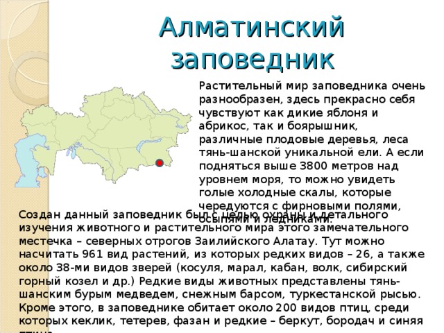 Алматинский заповедник Растительный мир заповедника очень разнообразен, здесь прекрасно себя чувствуют как дикие яблоня и абрикос, так и боярышник, различные плодовые деревья, леса тянь-шанской уникальной ели. А если подняться выше 3800 метров над уровнем моря, то можно увидеть голые холодные скалы, которые чередуются с фирновыми полями, осыпями и ледниками. Создан данный заповедник был с целью охраны и детального изучения животного и растительного мира этого замечательного местечка – северных отрогов Заилийского Алатау. Тут можно насчитать 961 вид растений, из которых редких видов – 26, а также около 38-ми видов зверей (косуля, марал, кабан, волк, сибирский горный козел и др.) Редкие виды животных представлены тянь-шанским бурым медведем, снежным барсом, туркестанской рысью. Кроме этого, в заповеднике обитает около 200 видов птиц, среди которых кеклик, тетерев, фазан и редкие – беркут, бородач и синяя птица. 