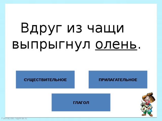  Вдруг из чащи  выпрыгнул олень . СУЩЕСТВИТЕЛЬНОЕ ПРИЛАГАТЕЛЬНОЕ ГЛАГОЛ 