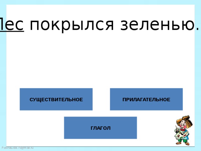 Лес покрылся зеленью. СУЩЕСТВИТЕЛЬНОЕ ПРИЛАГАТЕЛЬНОЕ ГЛАГОЛ 