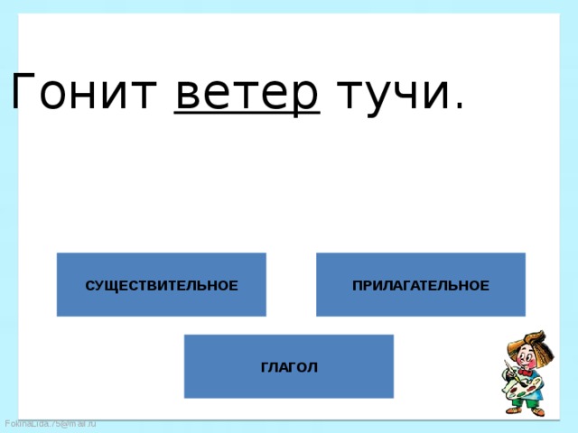 Гонит ветер тучи. СУЩЕСТВИТЕЛЬНОЕ ПРИЛАГАТЕЛЬНОЕ ГЛАГОЛ 