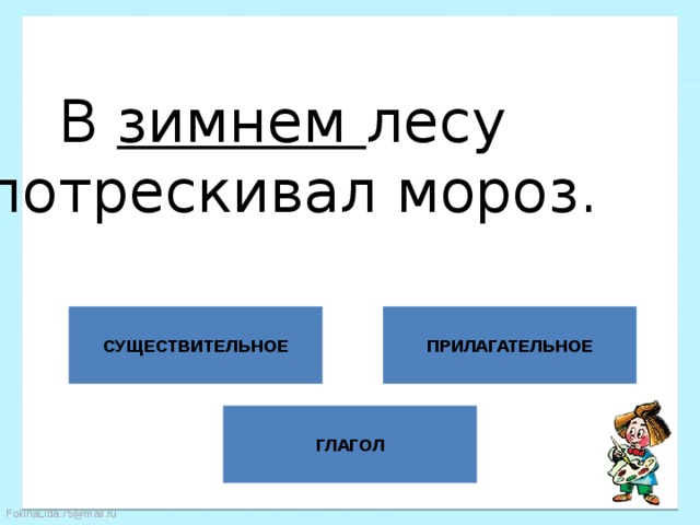 В зимнем лесу потрескивал мороз. СУЩЕСТВИТЕЛЬНОЕ ПРИЛАГАТЕЛЬНОЕ ГЛАГОЛ 