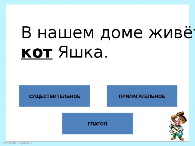 В нашем доме живёт кот Яшка. СУЩЕСТВИТЕЛЬНОЕ ПРИЛАГАТЕЛЬНОЕ ГЛАГОЛ 