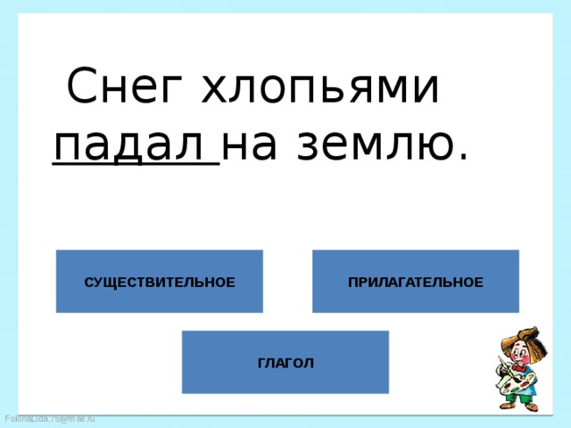 Снег хлопьями падал на землю. СУЩЕСТВИТЕЛЬНОЕ ПРИЛАГАТЕЛЬНОЕ ГЛАГОЛ 
