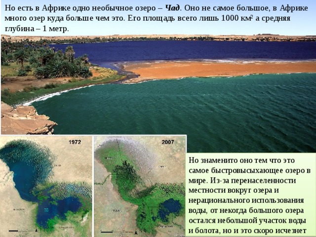 Но есть в Африке одно необычное озеро – Чад . Оно не самое большое, в Африке много озер куда больше чем это. Его площадь всего лишь 1000 км² а средняя глубина – 1 метр. Но знаменито оно тем что это самое быстровысыхающее озеро в мире. Из-за перенаселенности местности вокруг озера и нерационального использования воды, от некогда большого озера остался небольшой участок воды и болота, но и это скоро исчезнет 