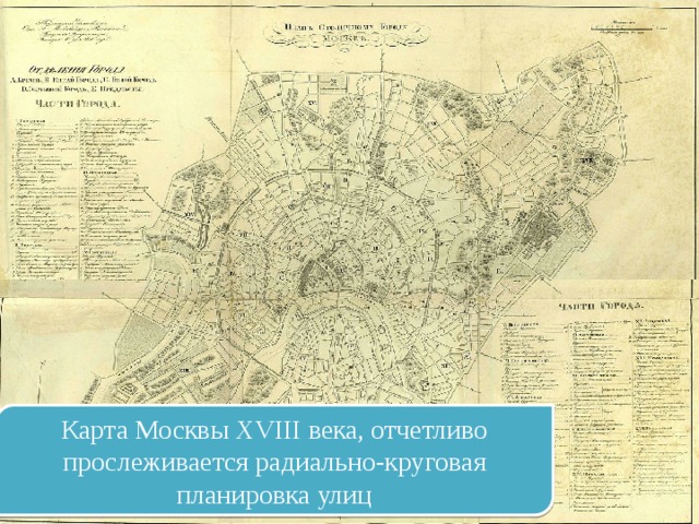 Карта Москвы XVIII века, отчетливо прослеживается радиально-круговая планировка улиц 