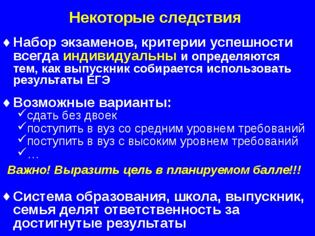 Некоторые следствия Набор экзаменов, критерии успешности всегда индивидуальны  и определяются тем, как выпускник собирается использовать результаты ЕГЭ   Возможные варианты: сдать без двоек поступить в вуз со средним уровнем требований поступить в вуз с высоким уровнем требований … сдать без двоек поступить в вуз со средним уровнем требований поступить в вуз с высоким уровнем требований … Важно! Выразить цель в планируемом балле!!! Система образования, школа, выпускник, семья делят ответственность за достигнутые результаты  