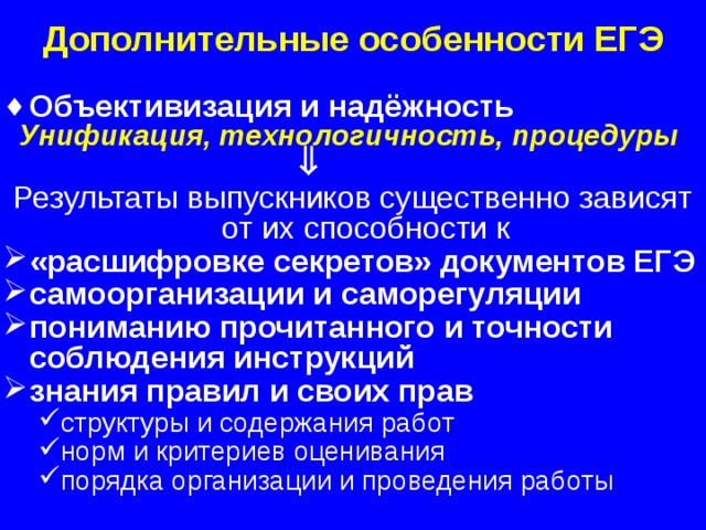 Дополнительные особенности ЕГЭ Объективизация и надёжность  Унификация, технологичность, процедуры   Результаты выпускников существенно зависят от их способности к «расшифровке секретов» документов ЕГЭ самоорганизации и саморегуляции пониманию прочитанного и точности соблюдения инструкций знания правил и своих прав структуры и содержания работ норм и критериев оценивания порядка организации и проведения работы структуры и содержания работ норм и критериев оценивания порядка организации и проведения работы  
