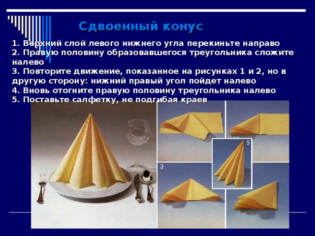 Сдвоенный конус 1. Верхний слой левого нижнего угла перекиньте направо 2. Правую половину образовавшегося треугольника сложите налево 3. Повторите движение, показанное на рисунках 1 и 2, но в другую сторону: нижний правый угол пойдет налево 4. Вновь отогните правую половину треугольника налево 5. Поставьте салфетку, не подгибая краев 