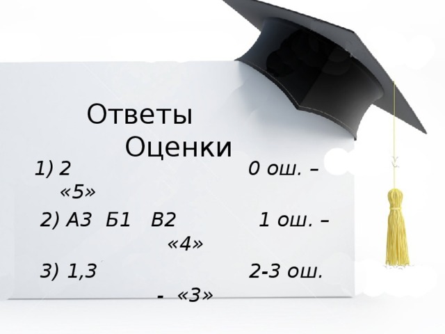 Ответы Оценки 2 0 ош. – «5» 2) А3 Б1 В2 1 ош. – «4» 3) 1,3 2-3 ош. - «3» 