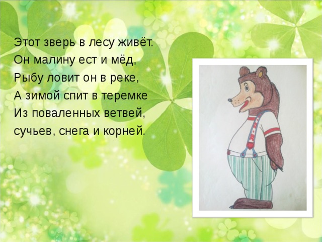 Этот зверь в лесу живёт. Он малину ест и мёд, Рыбу ловит он в реке, А зимой спит в теремке Из поваленных ветвей, сучьев, снега и корней. 