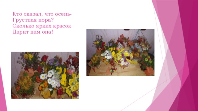 Кто сказал, что осень-  Грустная пора?  Сколько ярких красок  Дарит нам она!   