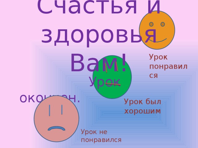  Счастья и здоровья Вам!    Урок окончен. Урок понравился Урок был хорошим Урок не понравился 