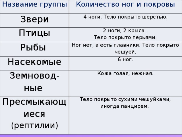 Название группы Количество ног и покровы Звери 4 ноги. Тело покрыто шерстью. Птицы 2 ноги, 2 крыла. Рыбы Тело покрыто перьями. Ног нет, а есть плавники. Тело покрыто чешуёй. Насекомые 6 ног. Земновод-ные Кожа голая, нежная. Пресмыкающиеся (рептилии) Тело покрыто сухими чешуйками, иногда панцирем. 