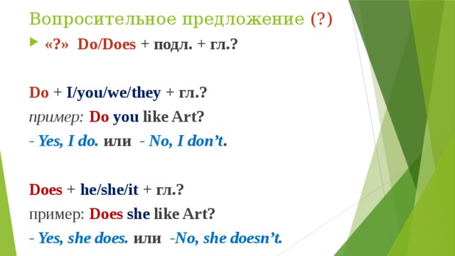 Вопросительное предложение (?)  «?» Do/Does + подл. + гл.?  Do + I/you/we/they + гл.? пример:  Do  you like Art? - Yes, I do. или - No, I don’t .  Does + he/she/it + гл.? пример: Does  she like Art? - Yes, she does. или -No, she doesn’t. 