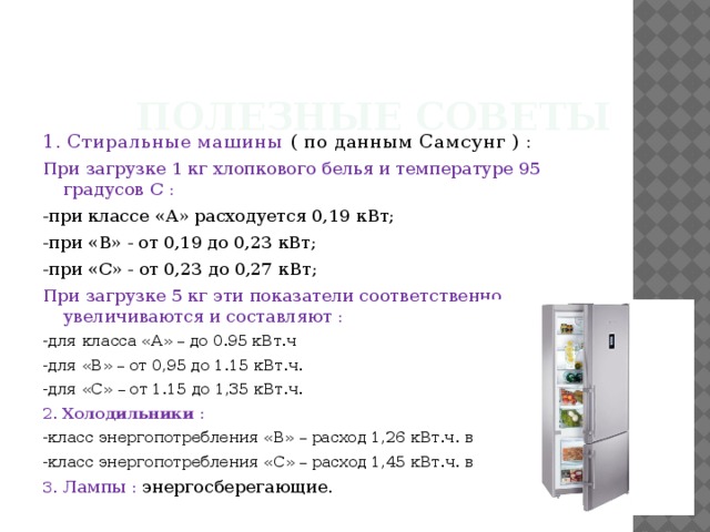 Полезные советы 1. Стиральные машины ( по данным Самсунг ) : При загрузке 1 кг хлопкового белья и температуре 95 градусов С : -при классе «А» расходуется 0,19 кВт; -при «В» - от 0,19 до 0,23 кВт; -при «С» - от 0,23 до 0,27 кВт; При загрузке 5 кг эти показатели соответственно увеличиваются и составляют : -для класса «А» – до 0.95 кВт.ч -для «В» – от 0,95 до 1.15 кВт.ч. -для «С» – от 1.15 до 1,35 кВт.ч. 2. Холодильники : -класс энергопотребления «В» – расход 1,26 кВт.ч. в сутки -класс энергопотребления «С» – расход 1,45 кВт.ч. в сутки 3. Лампы : энергосберегающие. 