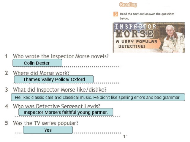 Colin Dexter Thames Valley Police/ Oxford He liked classic cars and classical music. He didn’t like spelling errors and bad grammar Inspector Morse’s faithful young partner. Yes 