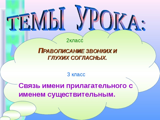 2класс П РАВОПИСАНИЕ ЗВОНКИХ И ГЛУХИХ СОГЛАСНЫХ.  3 класс Связь имени прилагательного с именем существительным. 