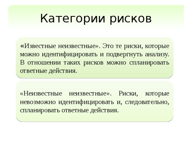 Категории рисков « Известные неизвестные». Это те риски, которые можно идентифицировать и подвергнуть анализу. В отношении таких рисков можно спланировать ответные действия. «Неизвестные неизвестные». Риски, которые невозможно идентифицировать и, следовательно, спланировать ответные действия. 