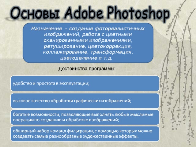 Назначение  – создание фотореалистичных изображений, работа с цветными сканированными изображениями, ретуширование, цветокоррекция, коллажирование, трансформация, цветоделение и т.д. Достоинства программы: 