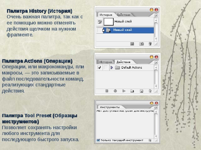 Палитра History (История) Очень важная палитра, так как с ее помощью можно отменять действия щелчком на нужном фрагменте. Палитра Actions (Операции) Операции, или макрокоманды, пли макросы, — это записываемые в файл последовательности команд, реализующих стандартные действия. Палитра Tool Preset (Образцы инструментов) Позволяет сохранять настройки любого инструмента для последующего быстрого запуска. 